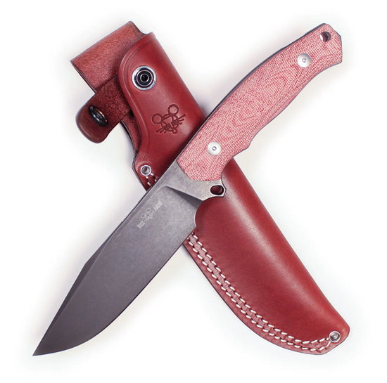 GiantMouse GMF4 Fixed Blade Knife, N690 Black, Micarta Red, Leather Sheath