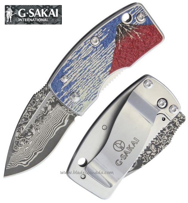 G. Sakai Money Clip Mt. Fuji Framelock Folding Knife, Damascus Drop Point, GS11605 - Click Image to Close