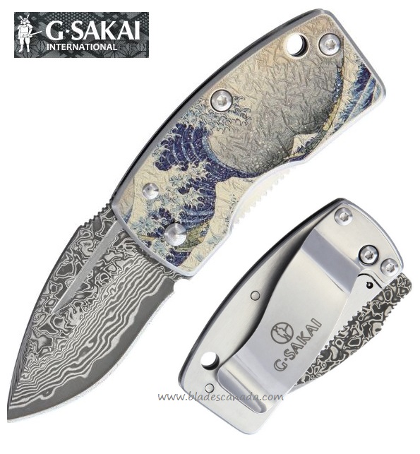 G. Sakai Money Clip Blue Wave Framelock Folding Knife, Damascus, GS11606