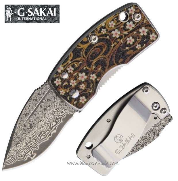 G. Sakai Money Clip Floral Framelock Folding Knife, Damascus, GS11609
