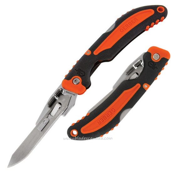 Gerber Vital Lockback Folding Knife, 6 Replacement Blades, Black/Orange Handle, G2736