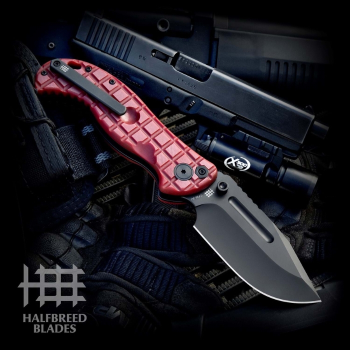 Halfbreed Large Bush Gen 2 Folding Knife, K110 Black, G10 Cherry Red, LBF-01 RED G2