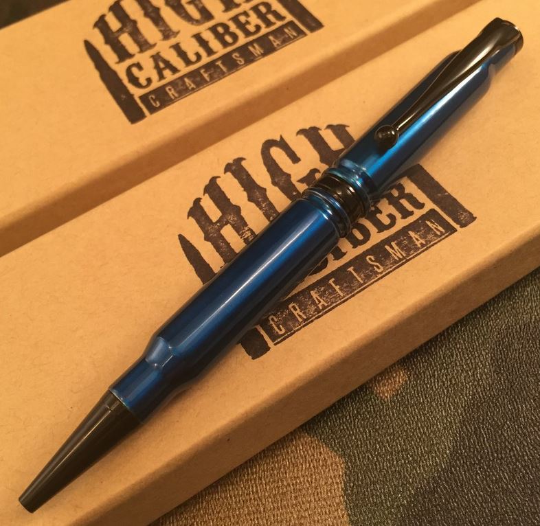 High Caliber 308 Anodized Blue Powder Coated Pen - Black - Click Image to Close