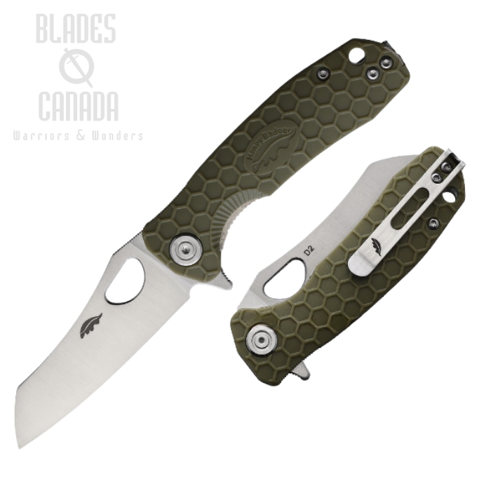(image for) Honey Badger Mini Wharncleaver Flipper Folding Knife, No Choil, D2 Steel, FRN Green, HB1169