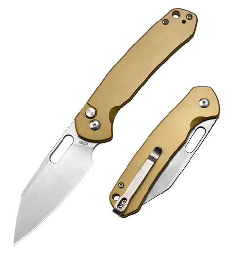 CJRB Pyrite Button Lock Folding Knife, AR-RPM9, Steel Brass, J1925A-SBRST