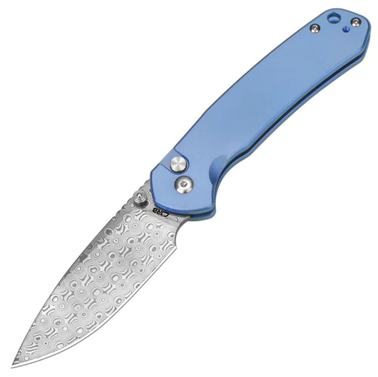 CJRB Pyrite Button Lock Folding Knife, Damascus, Titanium Blue, J1925T-BU