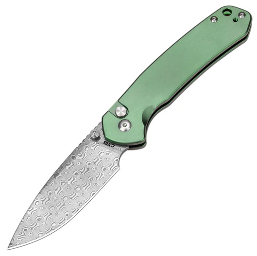 CJRB Pyrite Button Lock Folding Knife, Damascus, Titanium Green, J1925T-GN