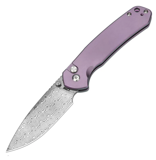 CJRB Pyrite Button Lock Folding Knife, Damascus, Titanium Rose, J1925T-RE