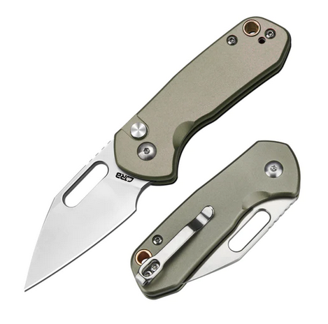 CJRB Mini Pyrite Button Lock Folding Knife, AR-RPM9, Aluminum Green, J1933-GN