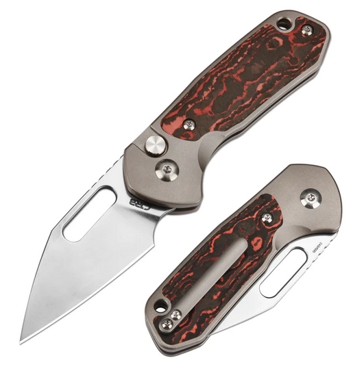 CJRB Mini Pyrite Folding Button Lock Knife, Ltd Edition, CPM S90V, Titanium/Fat Carbon Mars Valley, J1933T-FCMV