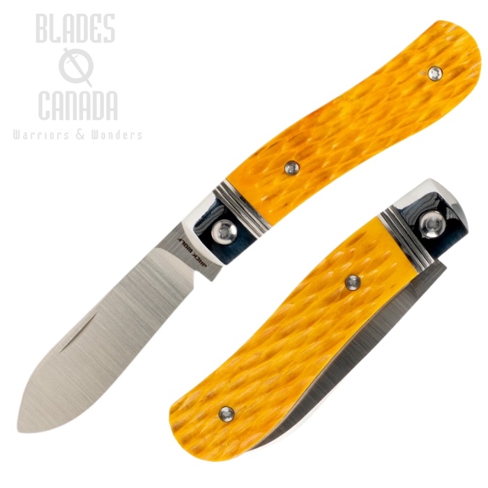 (Coming Soon) Jack Wolf K9 Jack Slipjoint Folding Knife, 154CM Belt Satin, Yellow Jigged Bone