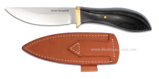 Jesse Hemphill Point Rock Fixed Blade Knife, A2 Steel, Micarta Black, Brown Leathe Sheath, JH001B