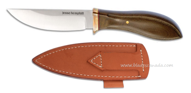 Jesse Hemphill Point Rock Fixed Blade Knife, A2 Steel, Micarta Green, Leather Sheath, JH001G