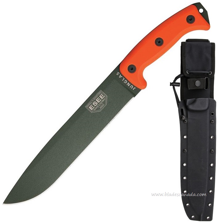 ESEE Junglas Fixed Blade Knife, 1095 Carbon OD, G10 Orange, Kydex Sheath, JUNGLAS-OD-OR