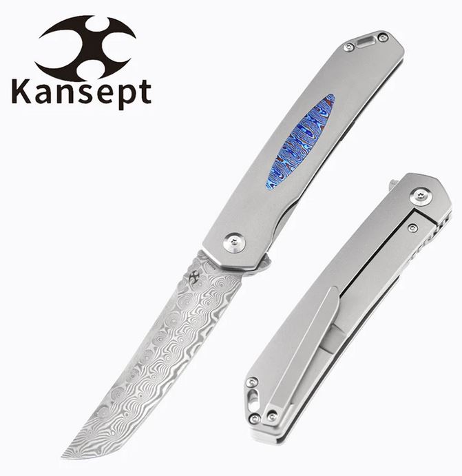 Kansept Hazakura Flipper Framelock Folding Knife, Damscus Blade, Titanium/Timascus, K1019D1 - Click Image to Close
