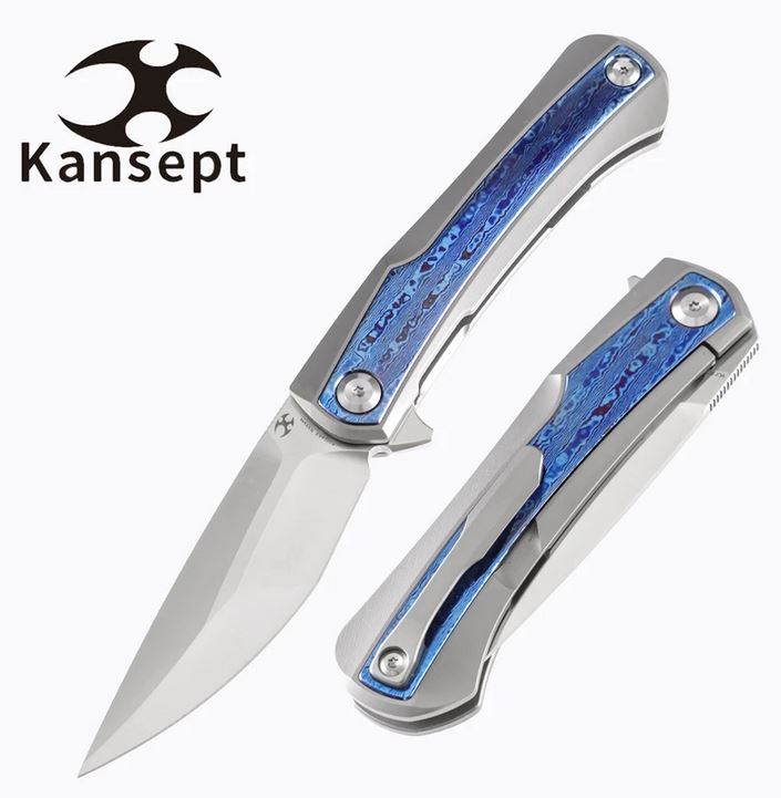 Kansept Kratos Flipper Framelock Knife, CPM S35VN, TitaniumBlue/Timascus, K1024A3