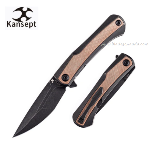 Kansept Kratos Flipper Framelock Knife, S35VN Black, Titanium/Micarta Brown, K1024A8