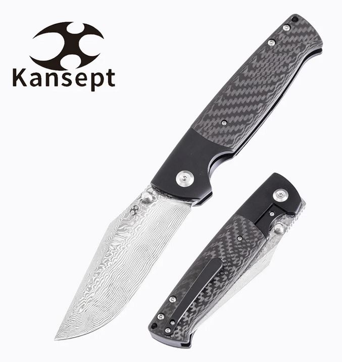 Kansept Shikari Framelock Folding Knife, Damascus Blade, Twill Carbon Fiber/Titanium, K1027A4