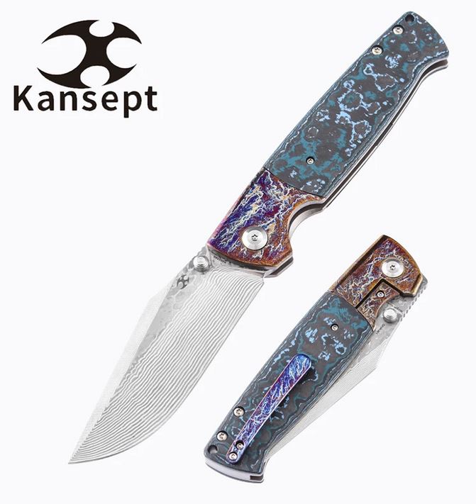 Kansept Shikari Framelock Folding Knife, Damascus Blade, Artic Storm Fat Carbon Fiber/Titanium, K1027A6 - Click Image to Close