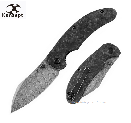 Kansept Nesstreet Folding Knife, Damascus, Shred Carbon Fiber, K1039D1