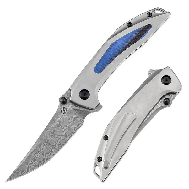 Kansept Baku Flipper Folding Knife, Damascus Blade, Titanium w/G10 Inlay, K1056A4