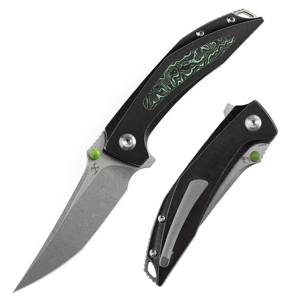 Kansept Baku Flipper Folding Knife, CPM-S35VN Steel, Titanium w/Green CF Inlay, K1056A7