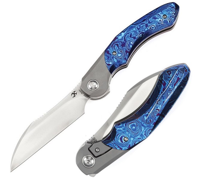 Kansept Cosmos Flipper Framelock Knife, CPM-20CV, Titanium w/ Blue Timascus Onlay, K1059A3