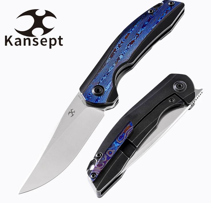 Kansept Mini Accipiter Framelock Flipper Knife, S35VN, Ti Handle w/Blue Timascus Inlay, K2007A6