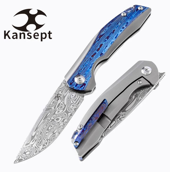 Kansept Mini Accipiter Framelock Flipper Knife, Damascus Blade, Titanium/Timascus, K2007A7