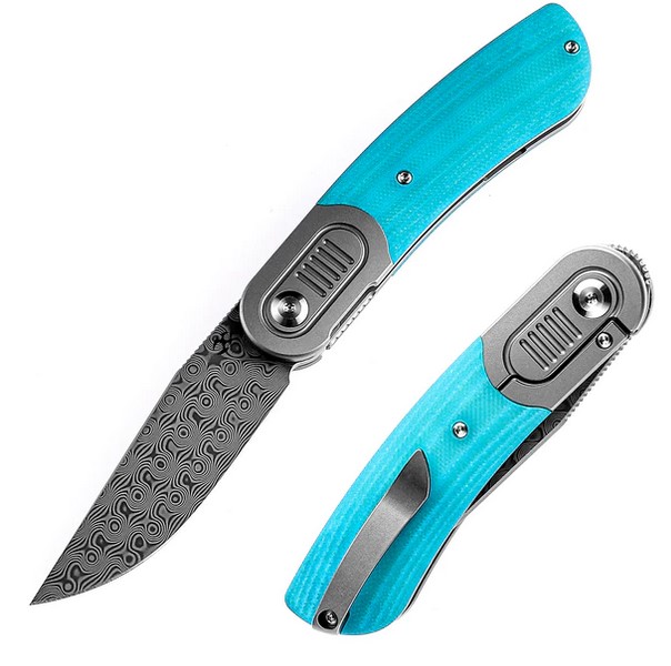 Kansept Reverie Framelock Folding Knife, Damascus Blade, Light Blue G10, K2025A8