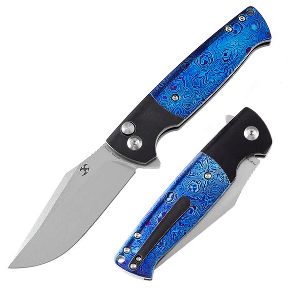 Kansept Shikari SBL Button Lock Flipper Folding Knife, CPM-S35VN, Titanium w/Timascus, K2027M1