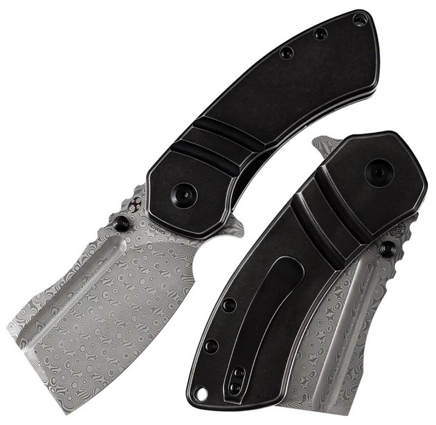 Kansept M+ Korvid Flipper Folding Knife, Damascus Blade, Titanium Black, K2030C2U