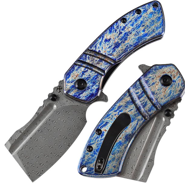 Kansept M+ Korvid Flipper Folding Knife, Damascus, Lightning Titanium, K2030C3U