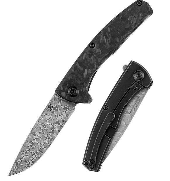 Kansept AGI Framelock Flipper Folding Knife, Damascus, Carbon Fiber, K2037A2