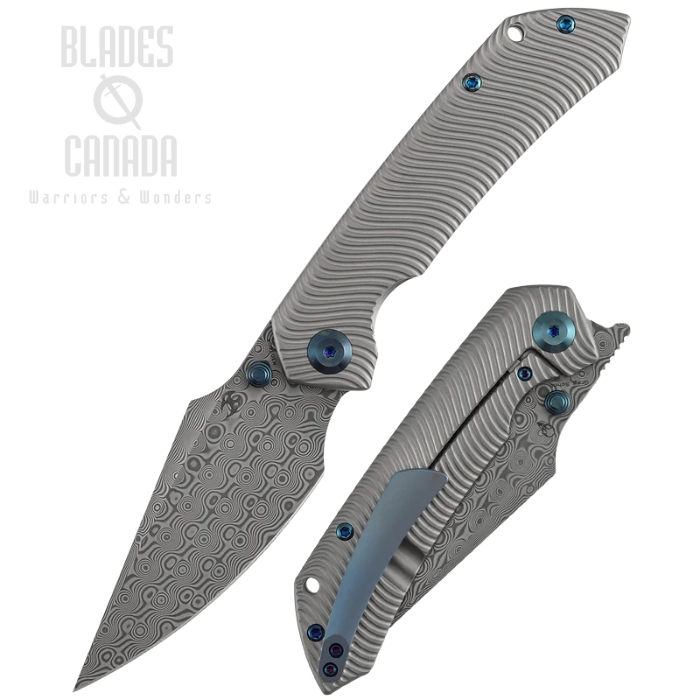 (image for) Kansept Fenrir Frame Lock Folding Knife, Damascus, Beadblasted Titanium Milled Water Ripple, K1034C4