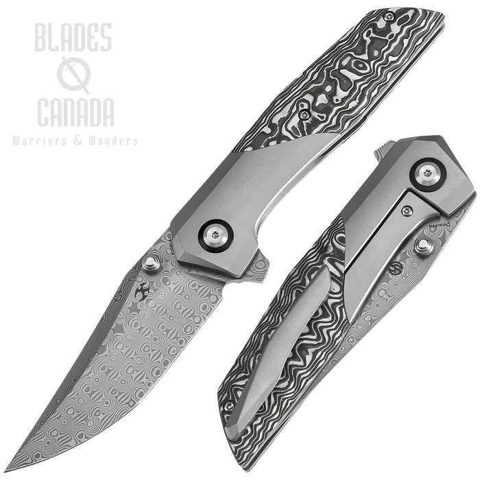 Kansept Deadite Flipper Framelock Knife, Damascus, Titanium Black & White CF, K1081A1