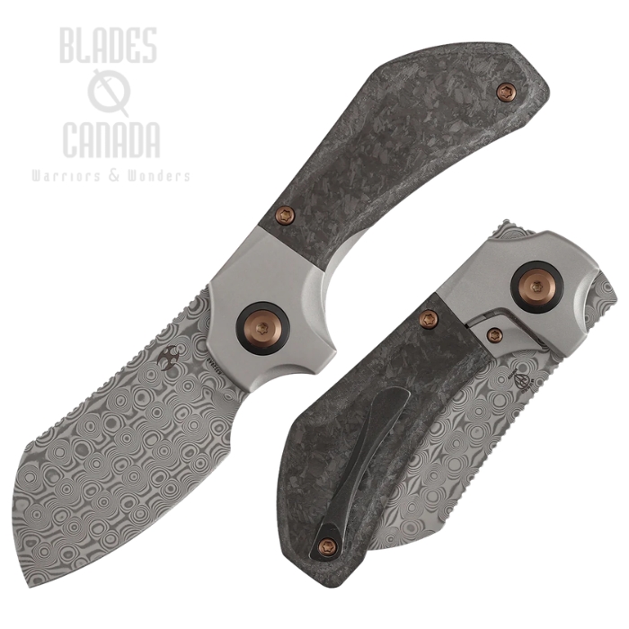 (image for) Kansept Pluto Flipper Bolster Lock Folding Knife, Damascus, Carbon Fiber Shred, K3129A3