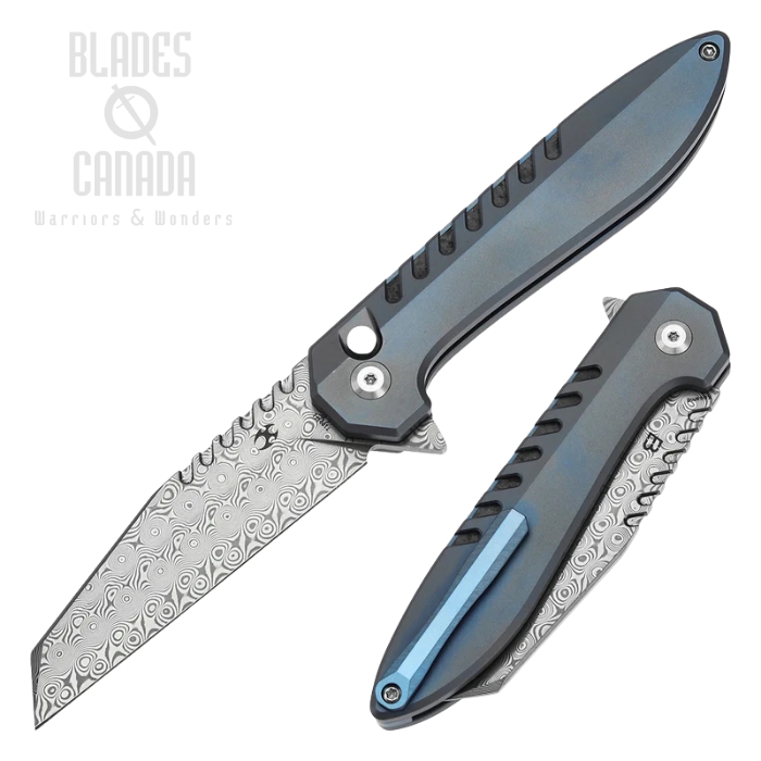 Kansept Kosame Flipper Button Lock Knife, Damascus, Titanium Blue, T1093F1