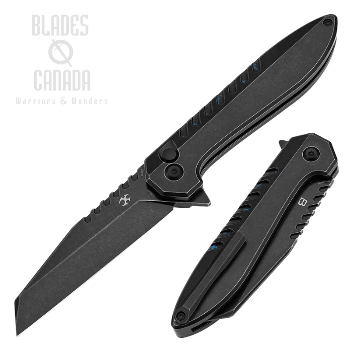 Kansept Kosame Flipper Button Lock Knife, 154CM Blackwash, Titanium Black/ CF Blue, T1093F2