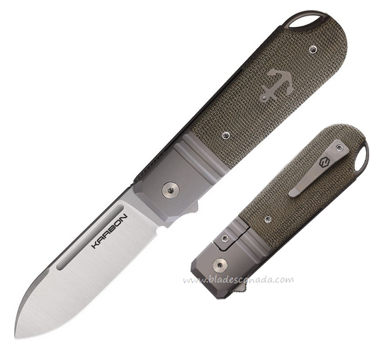 Karbon Ahoy Flipper Framelock Knife, M390 Satin, Micarta Green, KARB101