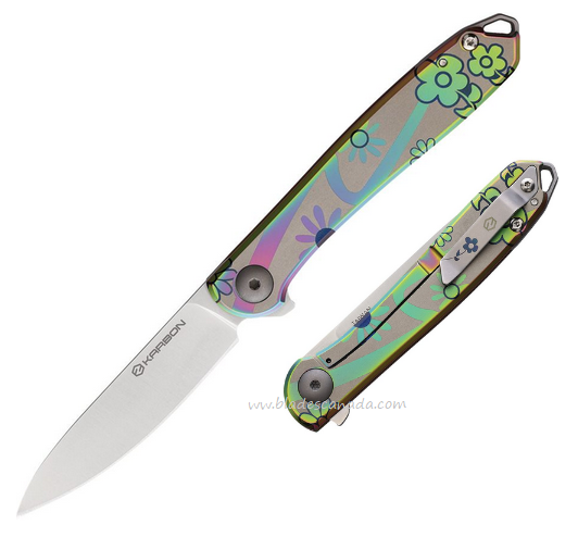 Karbon Tidbit Flipper Framelock Knife, N690 Satin, Stainless Floral, KARB108