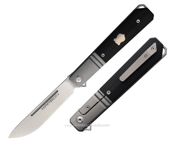 Karbon Flatline Flipper Framelock Knife, 154CM Satin, G10 Black, KARB112