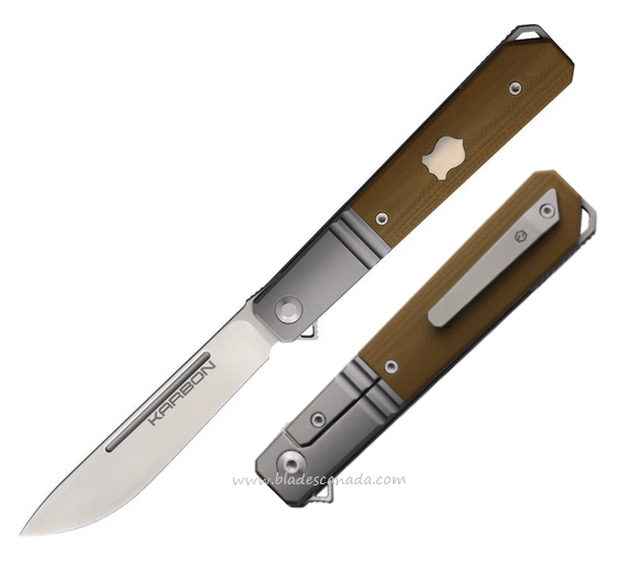 Karbon Flatline Flipper Framelock, 154CM Satin, Titanium w/G10 Tan Inlay, KARB113