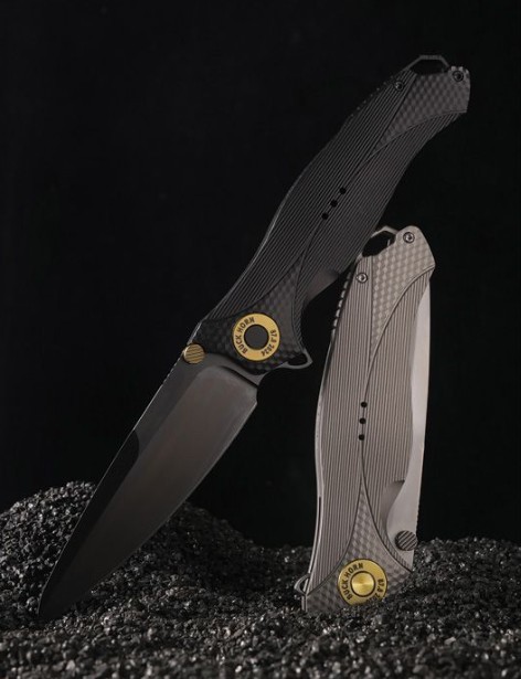 Karbon Buck Horn Flipper Folding Knife, 14C28N Black, Aluminum Textured Black, KARB120