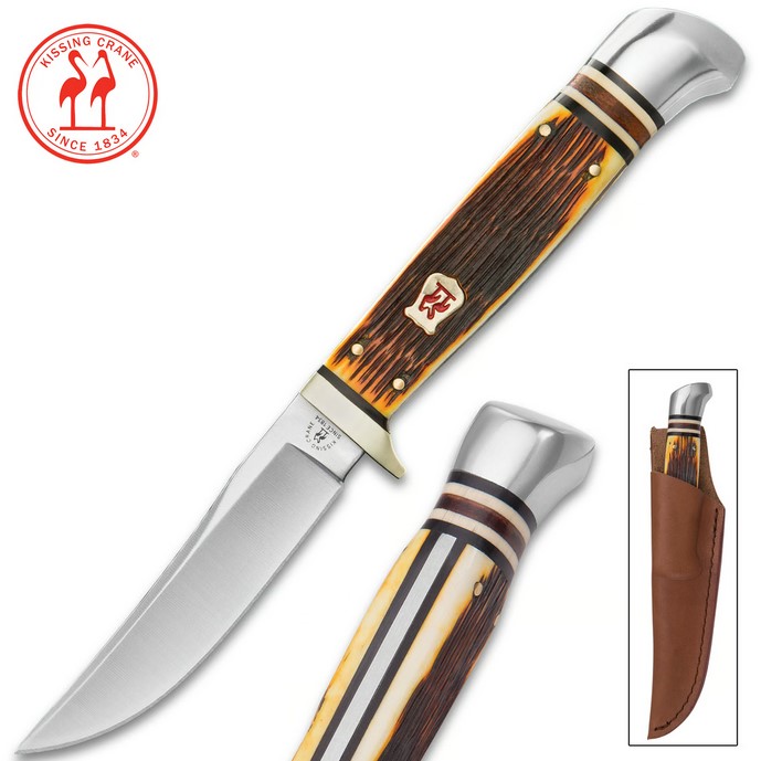 Kissing Crane Amber Bone Hunter Fixed Blade Knife, Leather Sheath, KC5477