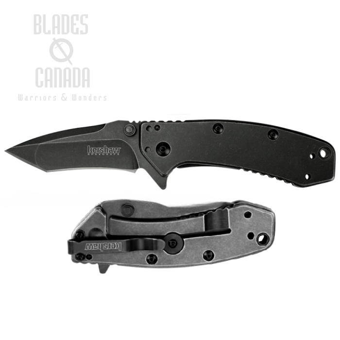 Kershaw Cryo Hinderer Flipper Folding Knife, Assisted Opening, Tanto Blade, Stainless Handle, K1555TBW