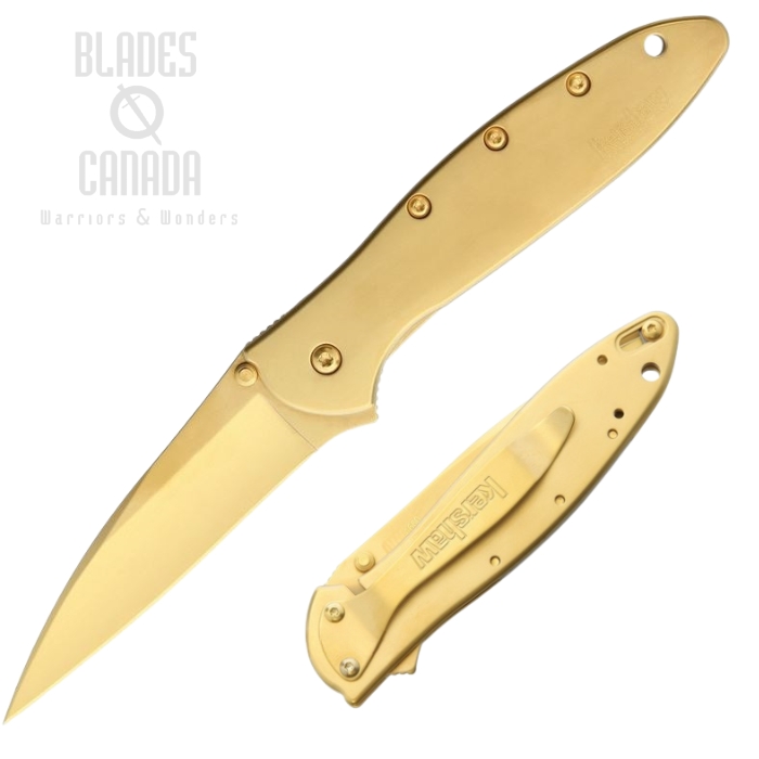 Kershaw Leek Gold Plated Flipper Framelock Knife, Assisted Opening, 14C28N Sandvik Wharncliffe, K1660G