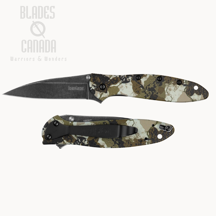 (image for) Kershaw Leek Flipper Folding Knife, 14C28N BlackWash, Aluminum Kings Camo, 1660KC