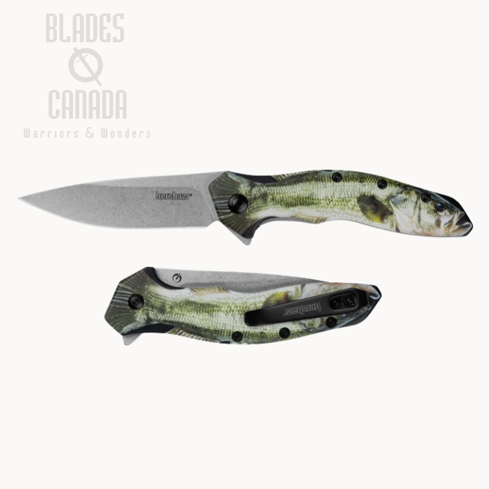 (image for) Kershaw Shorline Flipper Folding Knife, Stonewash Blade, Aluminum Bass, 1845BASS