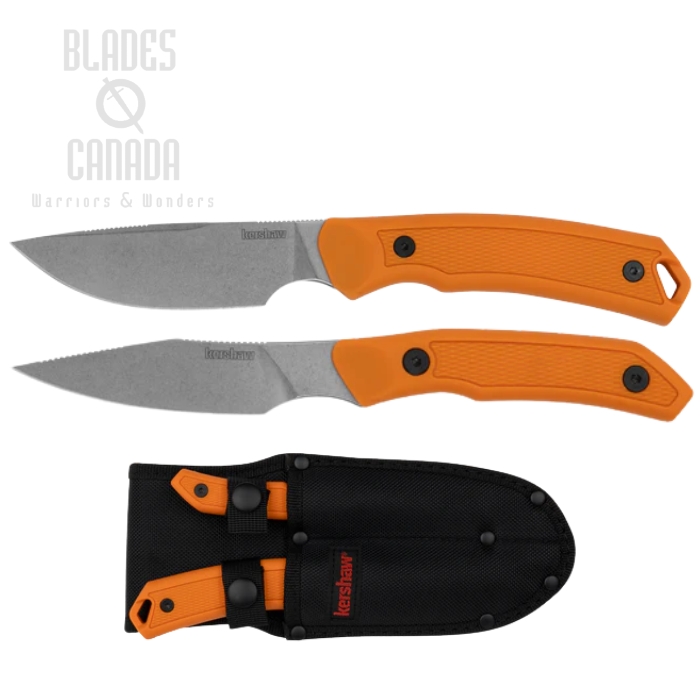 Kershaw Deschutes Combo Fixed Blade Knife Set, D2 Stonewash, Polypropylene Orange, Nylon Sheath, KE-1883COMBO